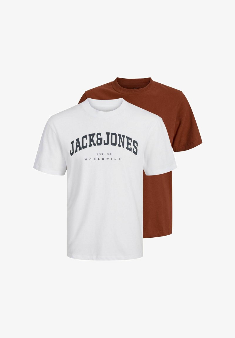 Dva majice: jedna bijela s crnim tekstom "JACK&JONES EST. 90 WORLDWIDE", a druga jednobojna smeđa. Obe imaju kratke rukave i okrugle izreze.