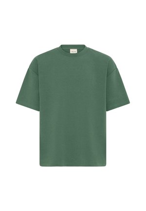 Tricou verde din bumbac cu decolteu rotund, mâneci scurte și croială lejeră. Textură netedă fără modele sau ornamente vizibile.
