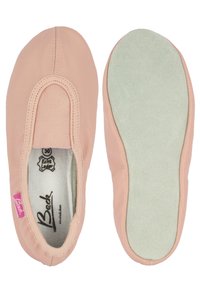 Helle rosa Ballettschuhe aus weichem Leder mit einem Slip-On-Design, elastischem Einstieg und einem samtartigen Innensohle.