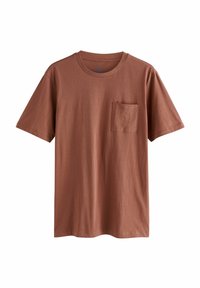 Brun bomulds T-shirt med korte ærmer, rund halsudskæring og en enkelt brystlomme. Glat tekstur, afslappet design og enkel syning.