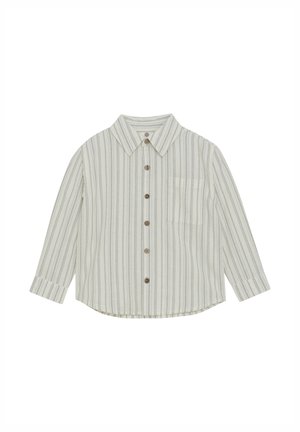 Camisa de manga larga color beige claro con finas rayas grises verticales, cierre frontal con botones, cuello puntiagudo y bolsillo en el pecho.