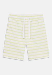 Gestreepte shorts met een witte basis en lichte gele strepen, voorzien van een elastische tailleband met een trekkoord en zijzakken.