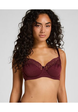 Soutien-gorge bourgogne avec des détails en dentelle, texture à pois, forme à armatures, bretelles réglables et un petit nœud en accent au centre.