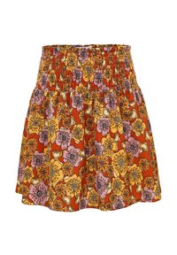 Rok met bloemenprint en een geplooide tailleband, versierd met oranje, gele en roze bloemen op een gestructureerde stof. A-lijn ontwerp aan de onderkant.