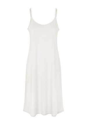 Weißes ärmelloses Slip-Kleid mit dünnen Trägern und lockerem, fließendem Schnitt.