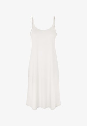 Weißes ärmelloses Slip-Kleid mit dünnen Trägern und lockerem, fließendem Schnitt.