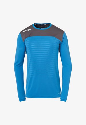 Maglietta sportiva a maniche lunghe di colore blu brillante, con un pannello grigio sulla spalla e un motivo a strisce orizzontali sul torso. Realizzata in tessuto liscio.