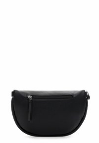 Borsa a tracolla in pelle nera con forma arrotondata, design testurizzato e tasca frontale con zip. Presenta un profilo elegante e dettagli di cucitura superiore.