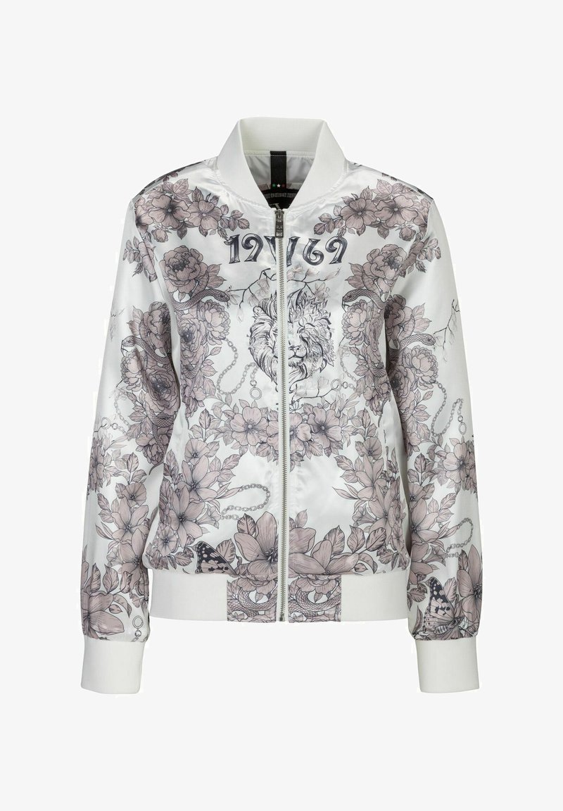 Vit bomberjacka med blommiga och lejongrafiker i pastellfärger. Har dragkedja framtill, ribbade ärmslut och hög krage.