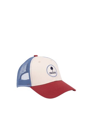 Casquette de baseball tricolore avec une visière rouge, un panneau avant beige affichant un logo d'arbre et le texte "FAGUO", ainsi que des panneaux arrière en maille bleue.
