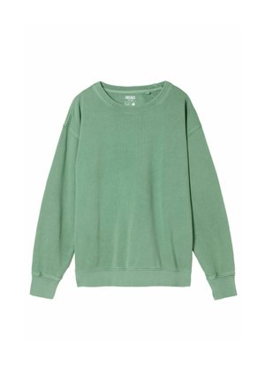 Schlichtes grünes Sweatshirt mit Rundhalsausschnitt und langen Ärmeln, mit gerippten Bündchen und Saum, flach auf einem weißen Hintergrund ausgelegt.