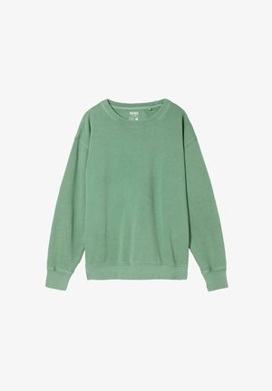 Plain green long-sleeve crewneck sweatshirt with ribbed cuffs and hem, laid flat on a white background.