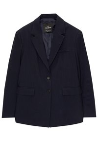 Marineblå stribet blazer med reverskrave, to frontlommer og to-knaps lukning. Glat indvendig foret, klassisk skræddersyet pasform.