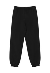 Pantalons de survêtement noirs en tissu doux, dotés d'une taille élastique, de poignets côtelés et d'une coupe décontractée. Pas d'imprimés ni de motifs visibles.