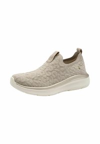 Beige slip-on sportcipő, texturált felsőrésszel, diszkrét mintázattal, párnázott gallérral és fehér talppal. Hátsó húzófüllel a könnyű felhúzás érdekében.