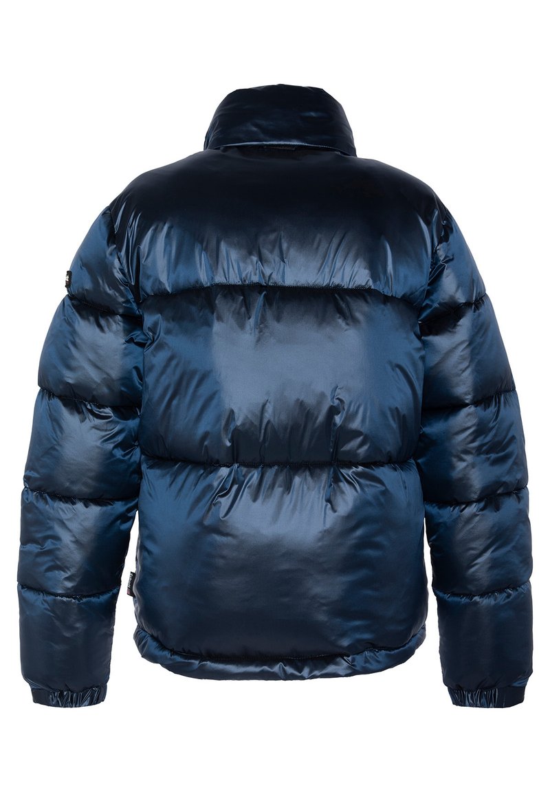 Veste matelassée bleu marine brillant avec col montant, sections quiltées et poignets élastiques, vue de dos.