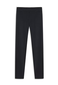 Black leggings with a smooth texture and a fitted design. Features a wide, flat waistband and no visible seams.