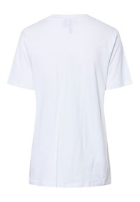 Bílé bavlněné tričko, krátké rukávy, design s kulatým výstřihem, volný střih, hladká textura, bez jakýchkoli vzorů nebo grafik na zadní straně.