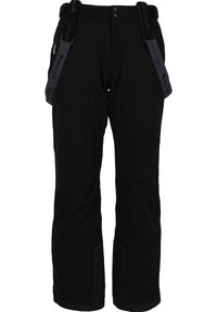 Svarta vattentäta skidbyxor med justerbara hängslen och dubbelknäppning i midjan, designade för vintersporter.