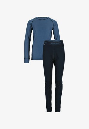 Ensemble de haut thermique à manches longues bleu et leggings thermiques noirs avec taille en logo Swedemount, idéal pour les superpositions par temps froid.