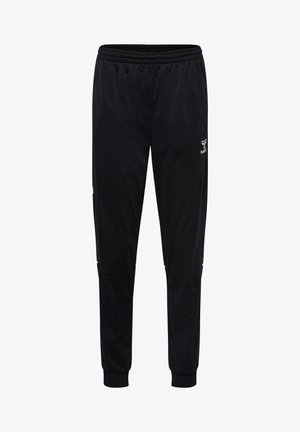 Schwarze sportliche Jogginghosen mit elastischem Bund, verjüngten Bündchen und kleinem weißem Logo am oberen Oberschenkel.