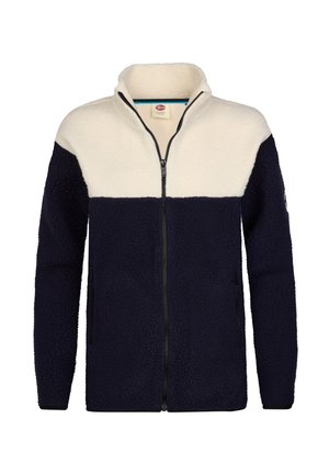 Fleecejack met zwart-witte kleurvlakken, ritssluiting aan de voorkant, hoge kraag en ritssluitingen aan de zijzakken, afgebeeld op een witte achtergrond.