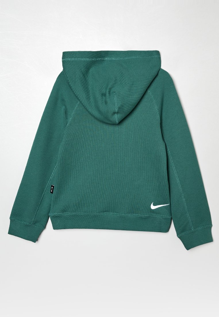 Sweat à capuche vert avec des manches longues, poignets côtelés, logo Nike en forme de swoosh sur le bas du dos à droite, posé à plat face vers l'arrière.
