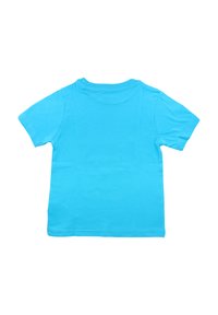 Solid ljusblå kortärmad t-shirt som ligger platt, visar baksidan med rund halsringning och enkel sömnad.