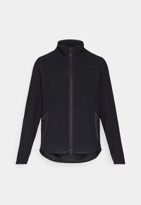 Black fleece jacket with a high collar, full front zipper, and two side zippered pockets. Features a textured surface and curved hem.