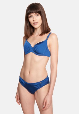 Blaues Bikini-Set mit einem leicht gepolsterten BH mit Raffung und verstellbaren Trägern, kombiniert mit einem passenden Slip mit seitlicher Raffung.