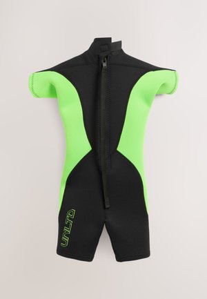 Mutino corto con corpo nero e accenti verde brillante. Presenta una cerniera frontale e il logo 'UNLTD' in verde neon. Materiale in neoprene.