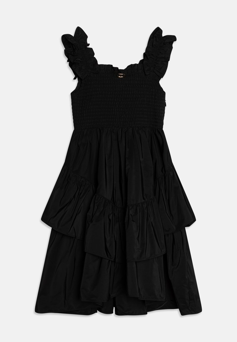 Robe noire avec des bretelles froncées, un corsage smocké et une jupe à plusieurs couches et plis. Fabriquée en tissu doux avec une silhouette fluide.