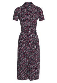 Blommig skjortklänning med korta ärmar, krage, åtsittande midja och knälång kjol i marinblått, rött och vitt.