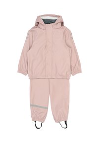 Svetlo roza dežni komplet z kapuco, z elastičnimi ovratniki in odsevnimi sivimi poudarki. Izdelan je iz vodoodpornega materiala. Vključuje nastavljive trakove za noge.