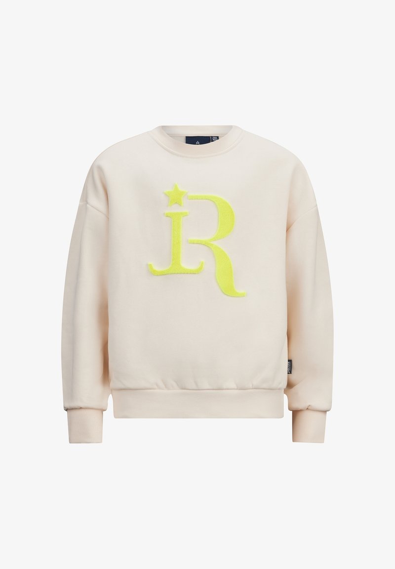 Sweatshirt à manches longues couleur crème avec poignets et ourlet côtelés, arborant un grand logo "iR" texturé jaune avec une étoile sur la poitrine.