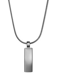 Pendentif en acier inoxydable argenté sur une chaîne fine et élégante. Le pendentif présente une forme rectangulaire avec une surface lisse et polie.
