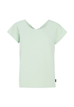 Svetle zelené tričko s krátkým rukávem vyrobené z měkké látky, s designem V-čelního výstřihu na zadní straně a malým knoflíkem. Žádné viditelné vzory.