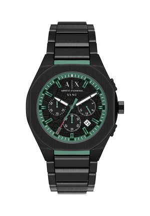 Reloj de acero inoxidable negro con caja octogonal, esfera texturizada, detalles verdes, funciones de cronógrafo y visualización de fecha a las 6 en punto.