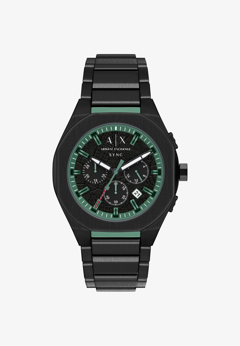 Montre en acier inoxydable noir avec boîtier octogonal, cadran texturé, accents verts, fonction chronographe et affichage de la date à 6 heures.