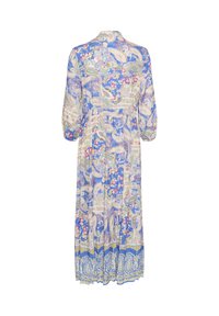 Maksi obleka iz lahke tkanine, ki se ponaša z modrim paisley vzorcem in cvetličnimi detajli, nabranim pasom in napihnjenimi rokavi.