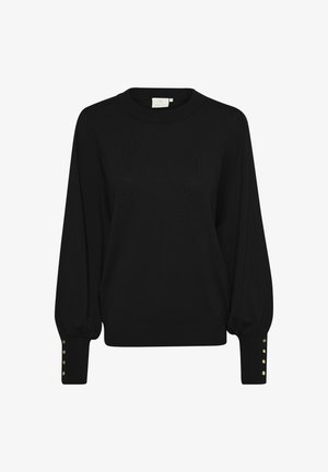 Čierny pletený sveter s okrúhlym výstrihom, vzdušnými rukávmi a gombíkovými doplnkami na manžetách. Hladká textúra s rebrovými detailami.