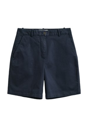 Marineblaue Baumwollshorts mit Gürtelschlaufen, Knopfverschluss, Seitentaschen und einem schlichten, klaren Design.