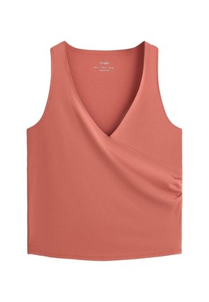 Ujjatlan, por rózsaszín ujjatlan felső V-nyakkivágással és finoman gyűrt részlettel a jobb oldalon, sima anyagból készült.