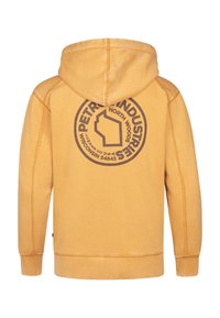 Felpa gialla con cappuccio e una grande grafica circolare marrone scuro sul retro. Presenta una texture morbida e polsini e orlo a costine.