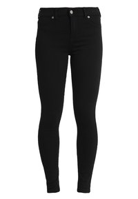 Vaqueros skinny negros de denim, con cintura alta, diseño de cinco bolsillos, botón de metal y piernas estrechas y ajustadas.