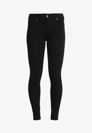 Schwarze Skinny-Jeans aus Denim, mit hoher Taille, Fünf-Taschen-Design, Metallknopf und schmalen, enganliegenden Beinen.