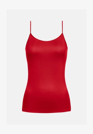 Czerwony, bezrękawnik z gładkiego materiału. Posiada regulowane cienkie ramiączka oraz okrągły dekolt. Dopasowany fason w jednolitym kolorze.