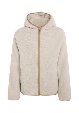 Veste polaire beige zippée avec capuche et bordure contrastée, manches longues et logo discret à l'avant.
