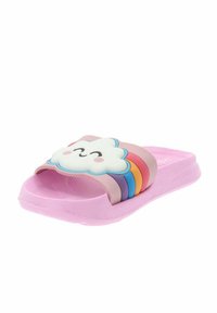 Sandal in gomma rosa con una grafica a nuvola e un volto sorridente, decorato da strisce arcobaleno sulla fascia e una soletta testurizzata.