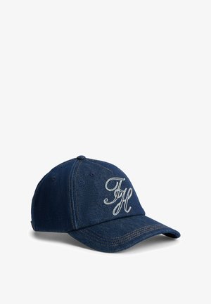 Marineblå denim baseballkasket med buet skygge og hvid broderet kursiv "FH" på frontpanelet.